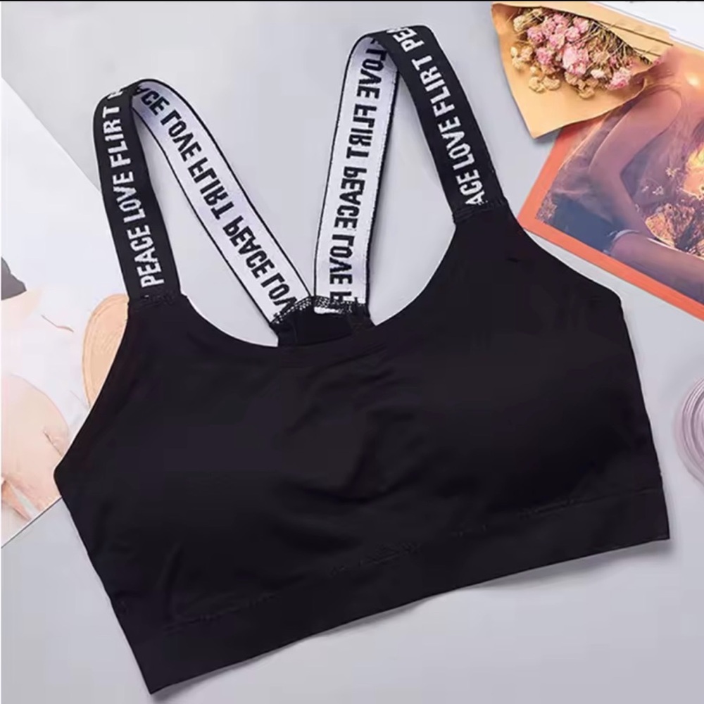 Black Sports Bra with Printed Straps